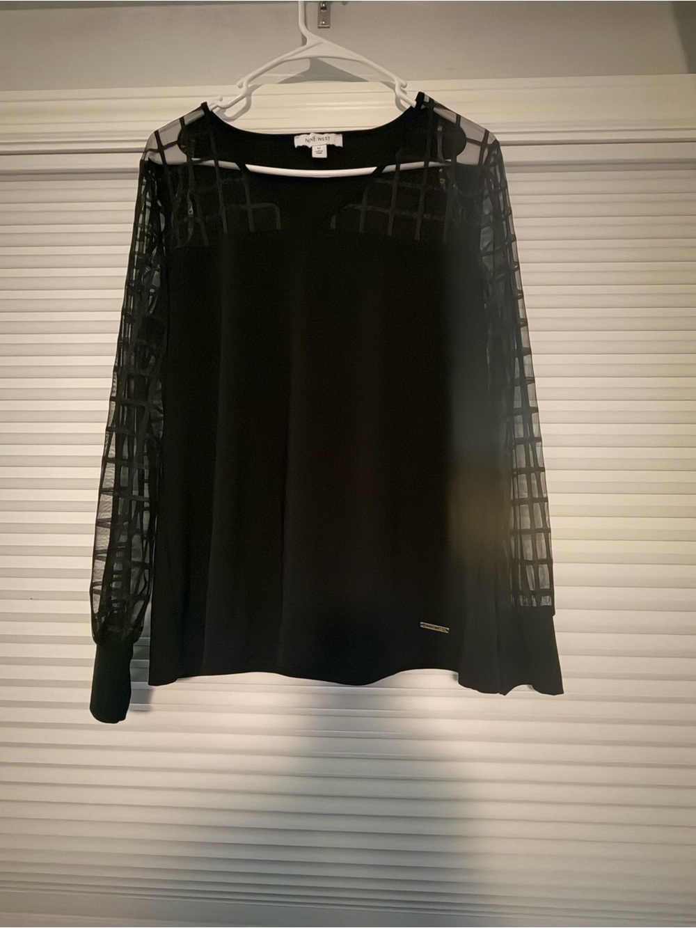 Nine West Black Long Sleeve Sheer Grid-Detail Top